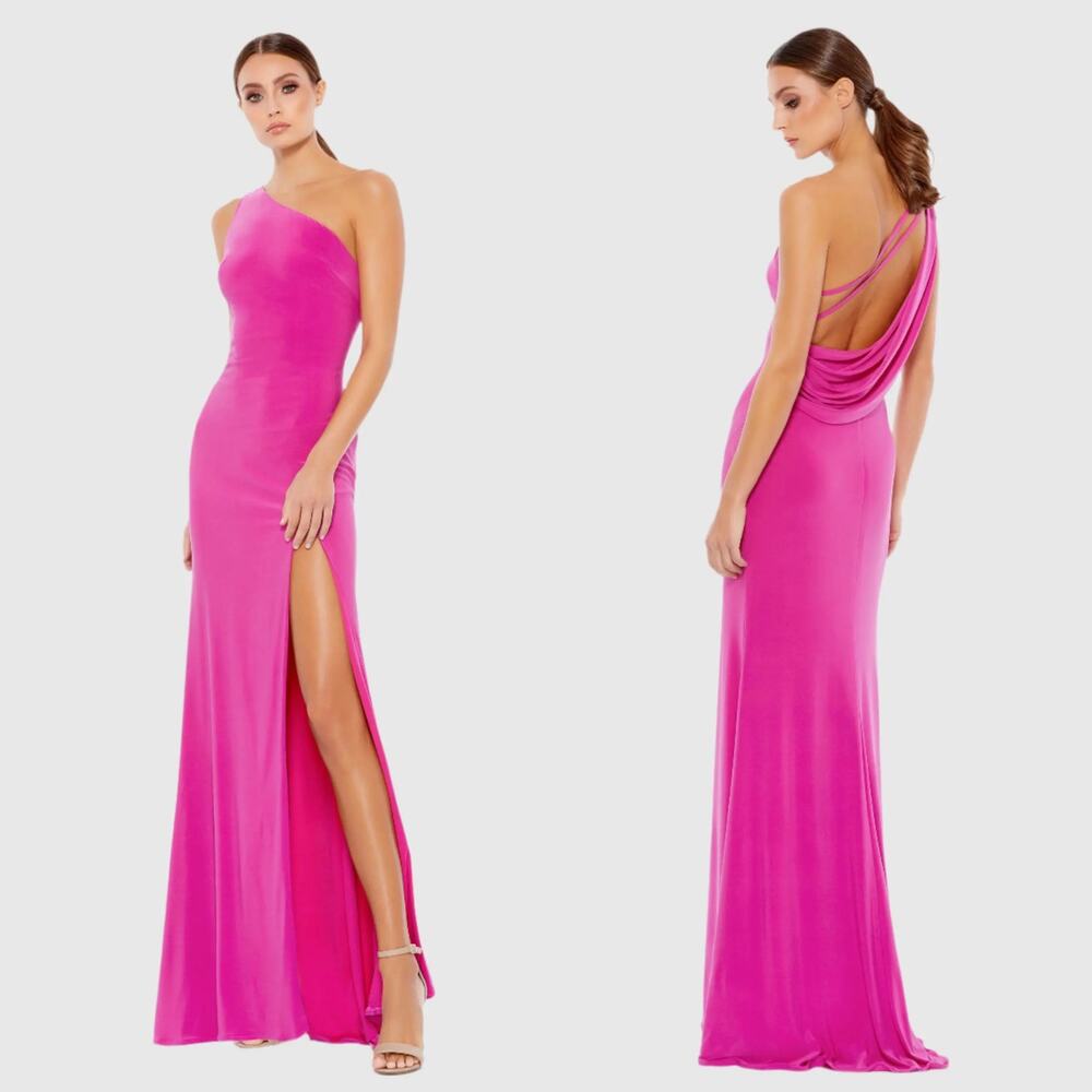 NWT Mac Duggal Sz 6 Candy Pink Jersey One Shoulder Draped Back Gown full length